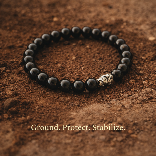 Black tourmaline nematite, smoky quartz bracelet with a gold clasp on a brown tex
tured surface, featuring the text 'Ground. Protect. Stabilize.'
