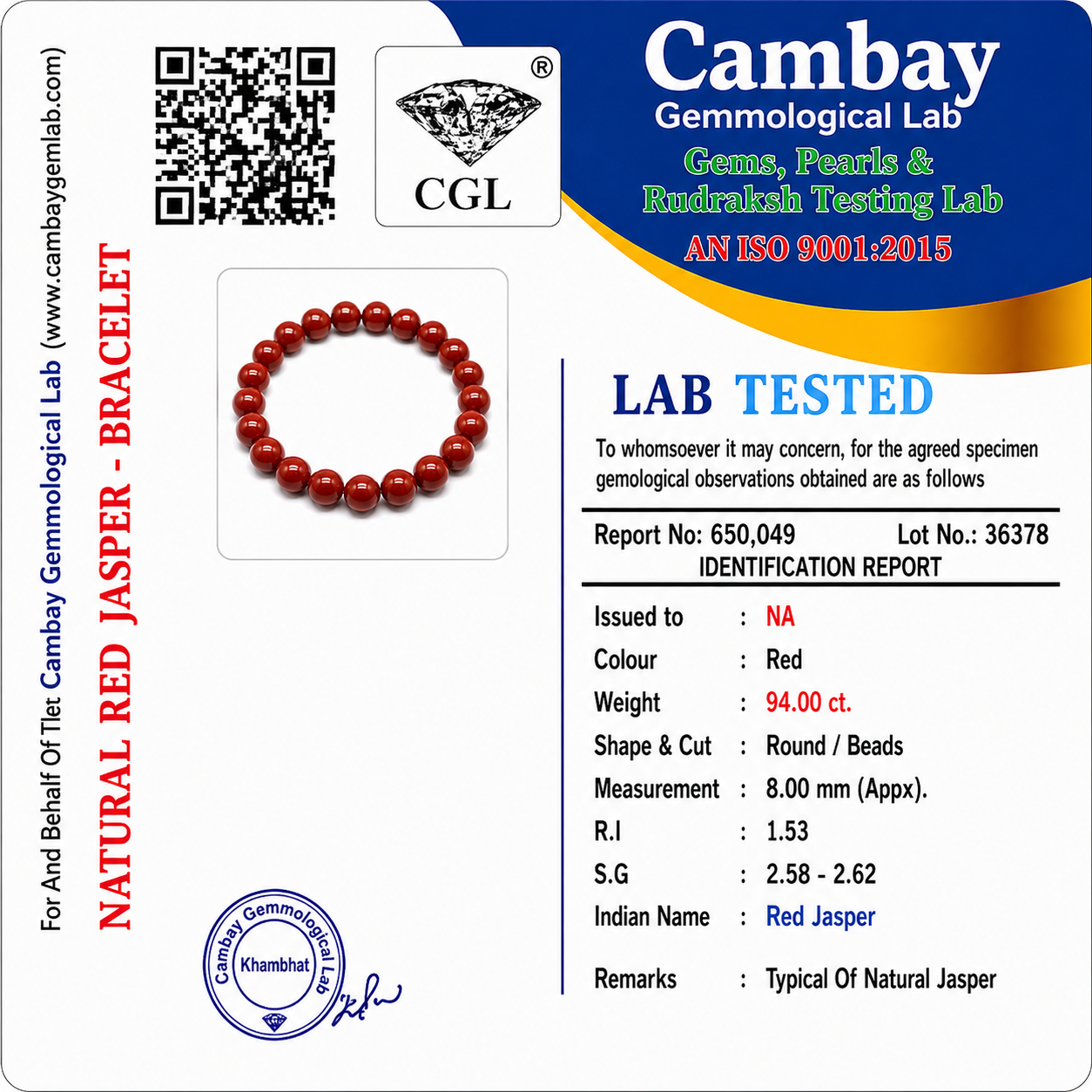 Certificate image for the Red Jasper Bracelet