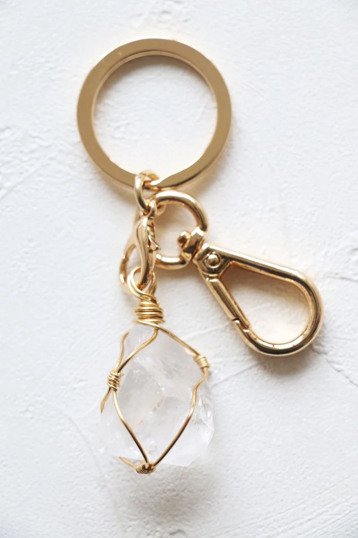 Raw Quartz Crystal Keychain with Gold Wire Wrap