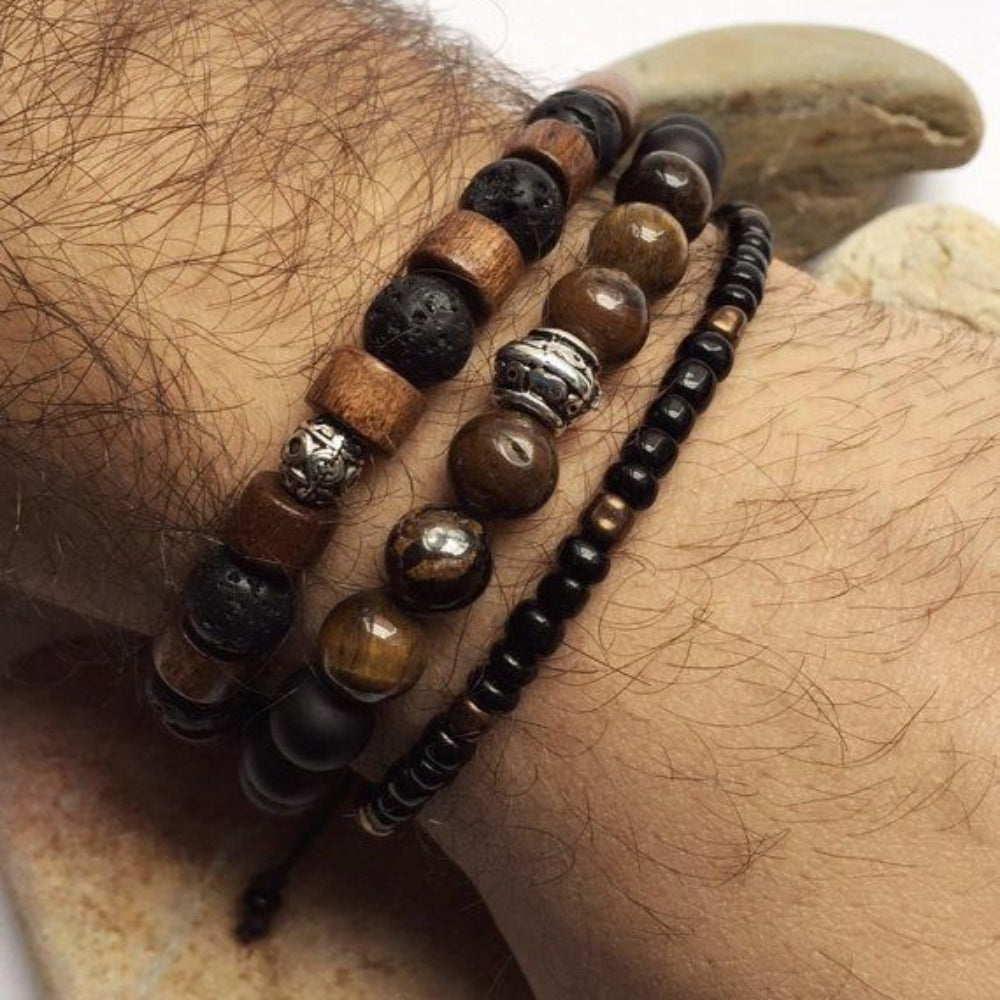 Men's Triple Layered Beaded Bracelet Stack - Wood, Lava Stone & Tiger's Eye