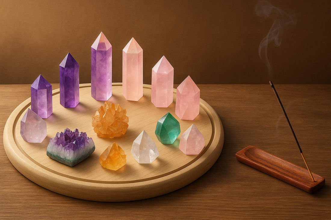 Crystals on a wooden plate