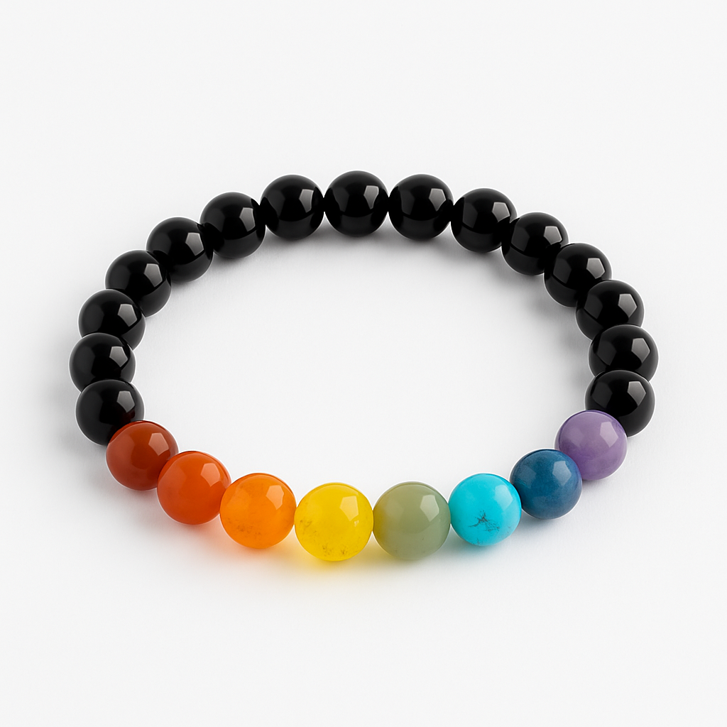 Black beaded bracelet with rainbow-colored beads on a white background