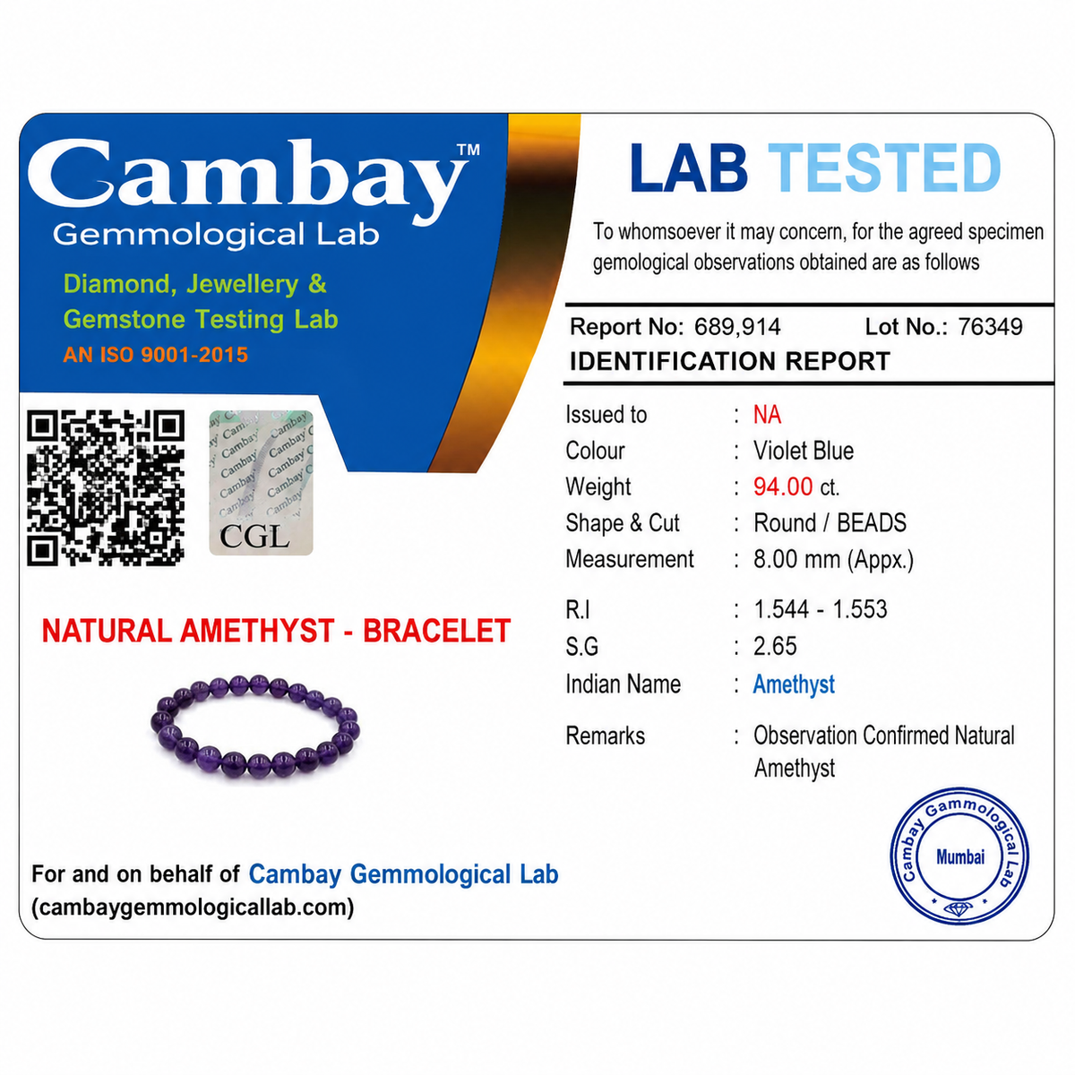 Certificate image for the Natural Amethyst Crystal Bracelet