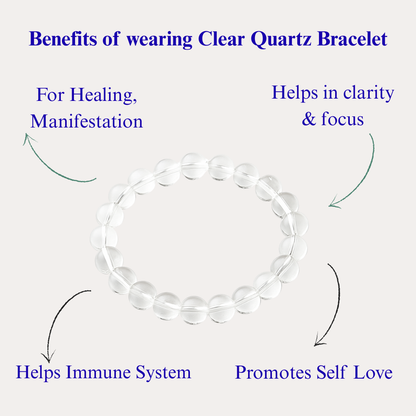 Clear quartz bracelet with benefits listed on a white background