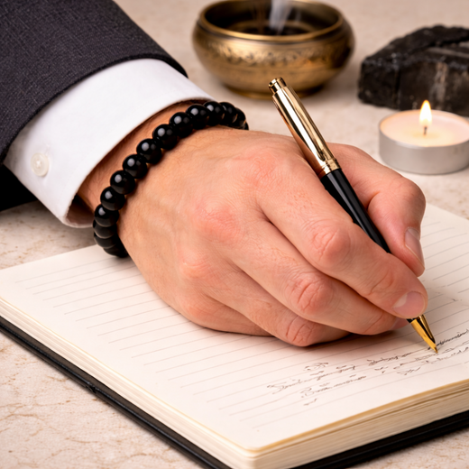 Hand writing in a notebook with a pen, wearing a bracelet, on a table with a candle and incense.
