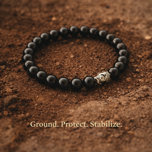 Black tourmaline nematite, smoky quartz  bracelet with a gold clasp on a brown tex
tured surface, featuring the text 'Ground. Protect. Stabilize.'