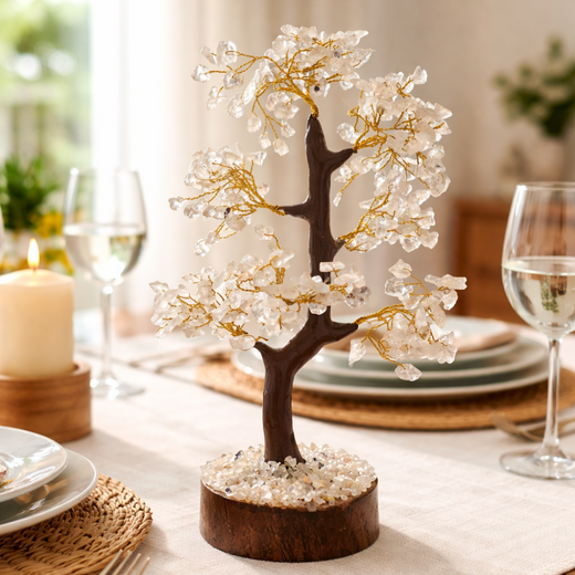 Clear Quartz tree on a dining table
