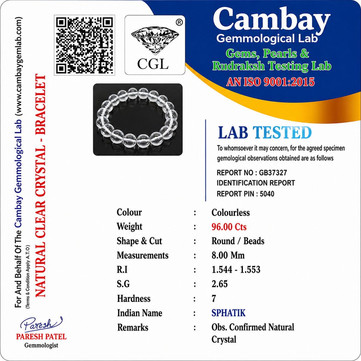 Certificate image for the Clear Quartz Crystal Bracelet