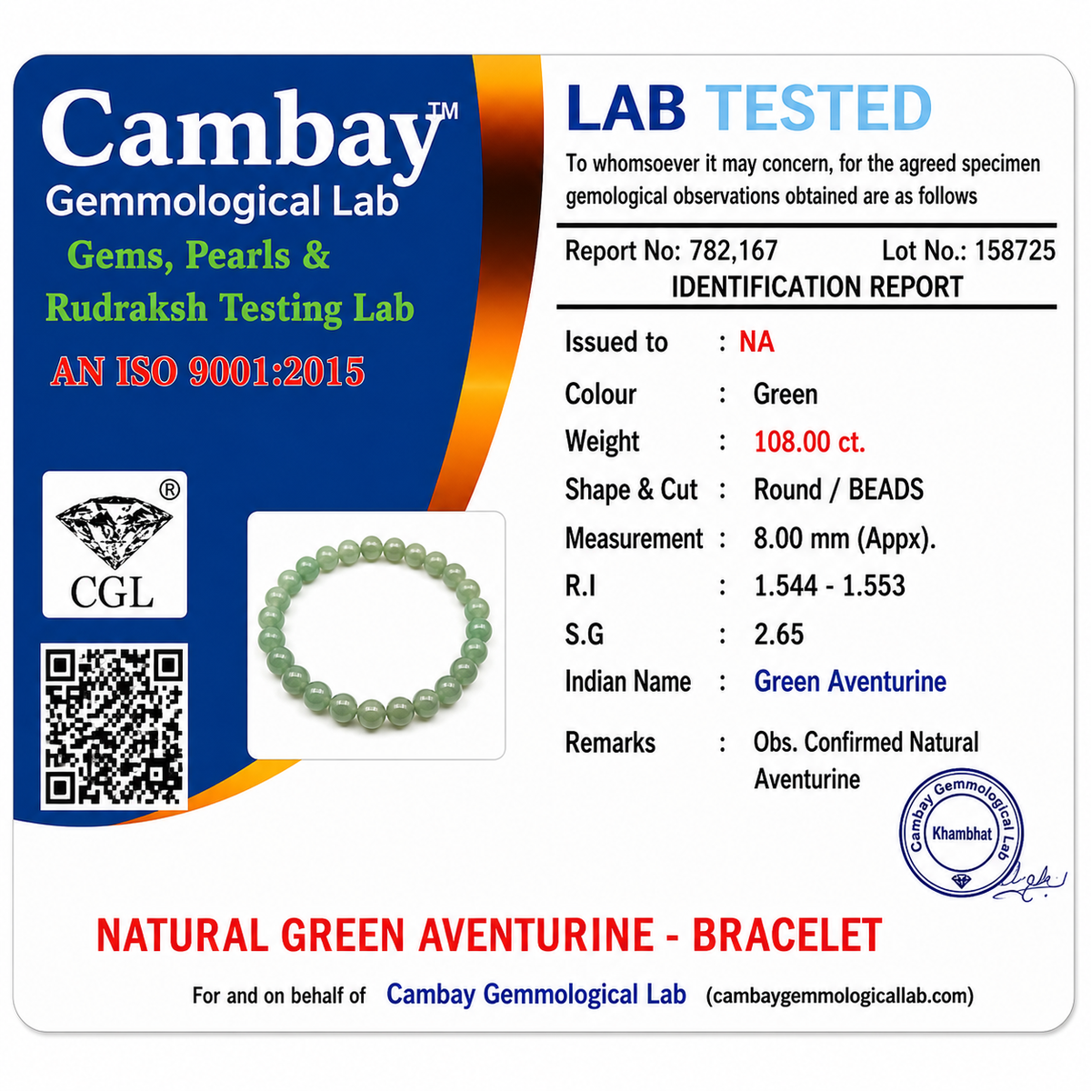 Certificate image for the Green Aventurine Bracelet
