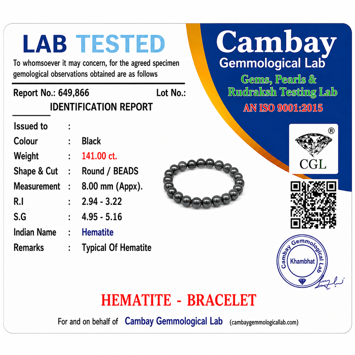 Certificate image for the Hematite Bracelet