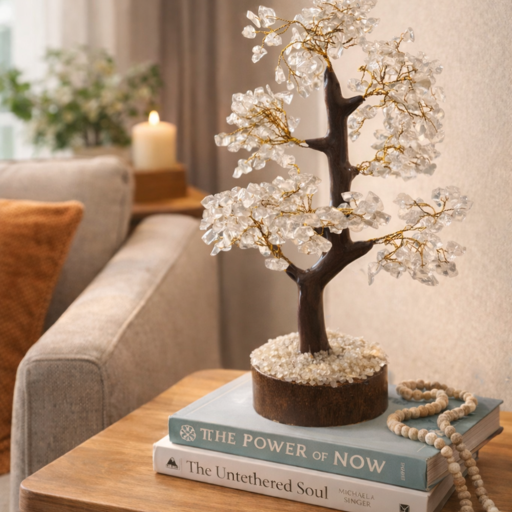 Clear Quartz tree on a corner table