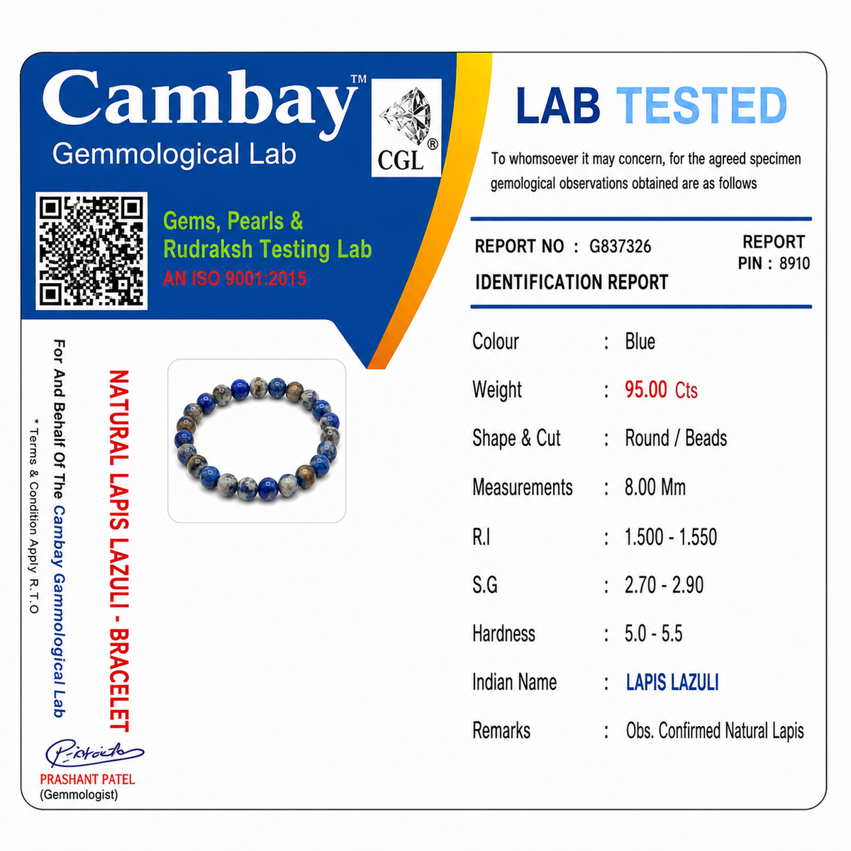 Certificate image for the Lapis Lazuli Bracelet