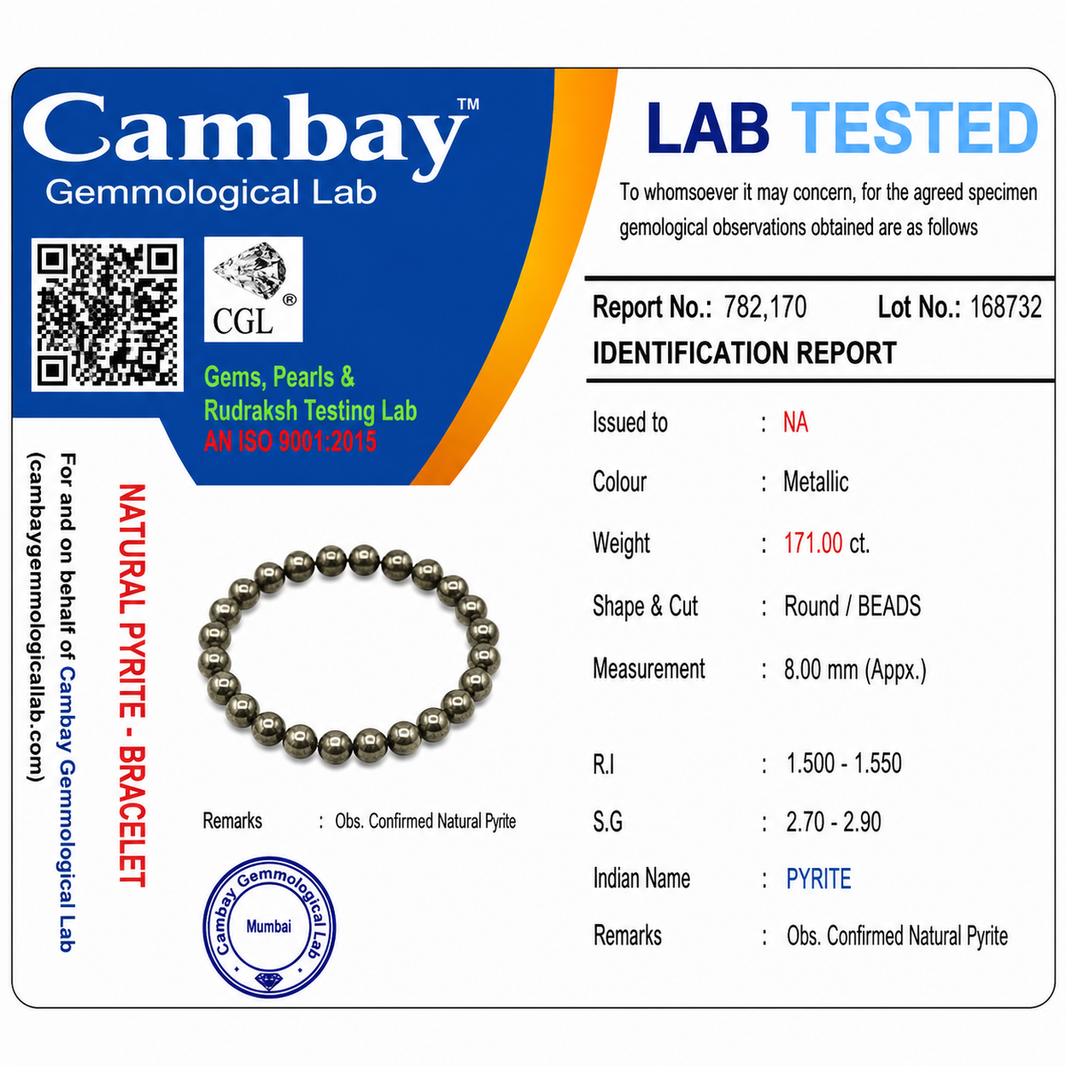 Certificate image for the Pyrite Bracelet