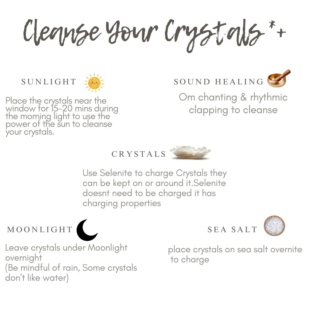 Instructions for cleansing crystals with various methods on a white background