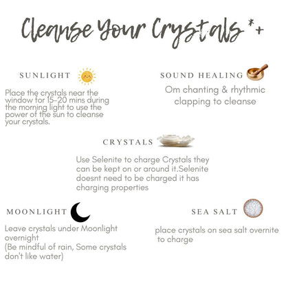 Instructions for cleansing crystals with various methods on a white background