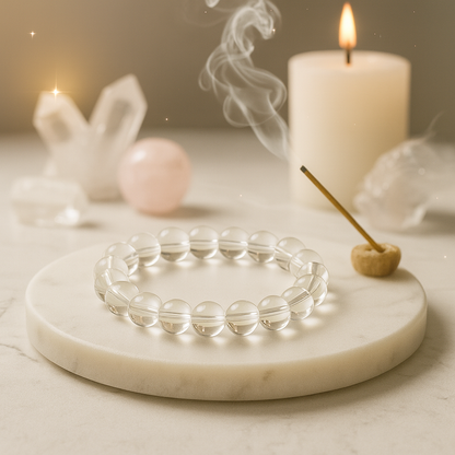 Clear beaded bracelet on a marble tray with candles and incense in the background
