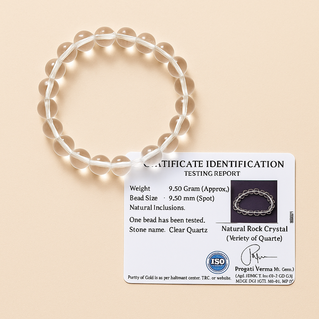 Clear quartz beaded bracelet with a certificate of identification on a beige background