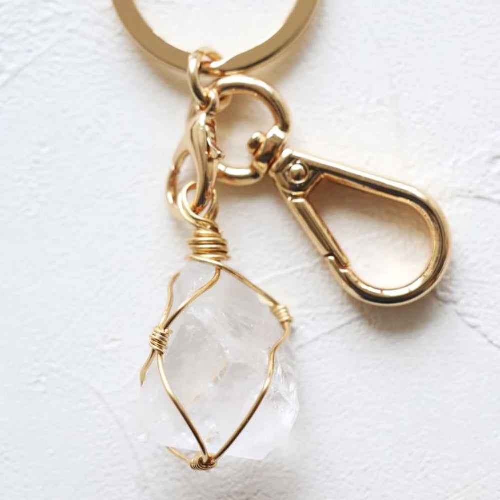 Raw Quartz Crystal Keychain with Gold Wire Wrap