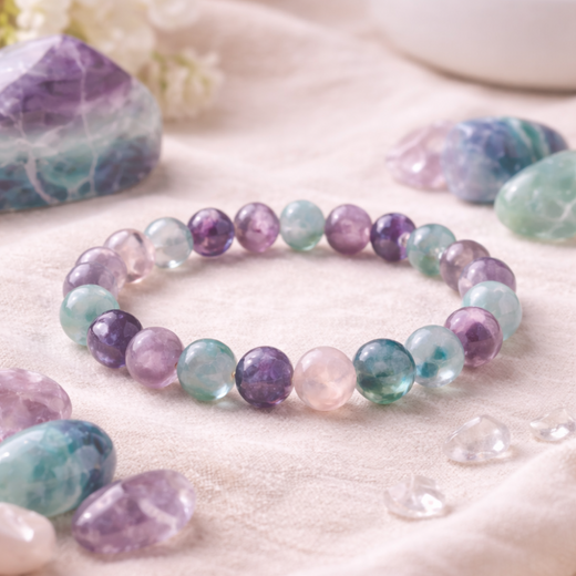 Fluorite bracelet on a soft surface with stones and flowers in the background