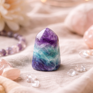 Fluorite crystal on a soft surface with blurred lights in the background 