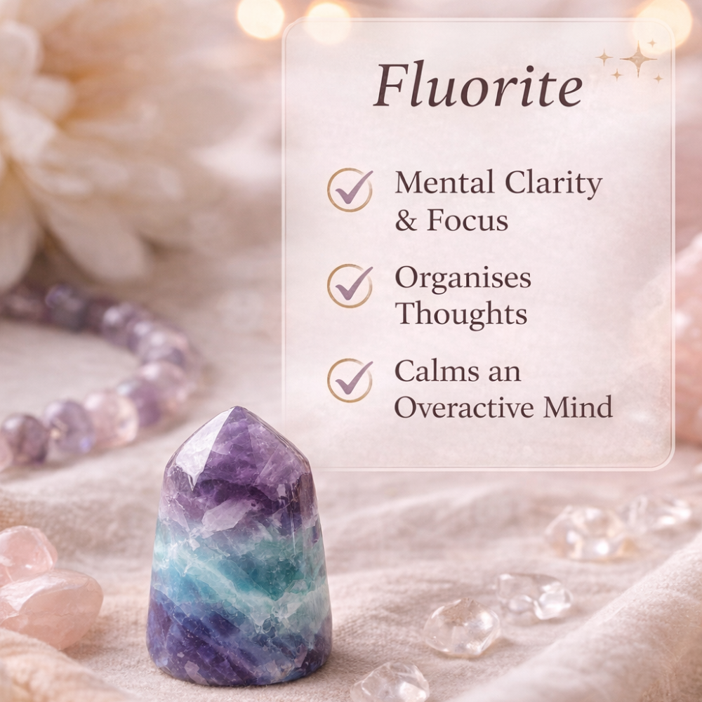 Fluorite crystal with benefits text on a soft background