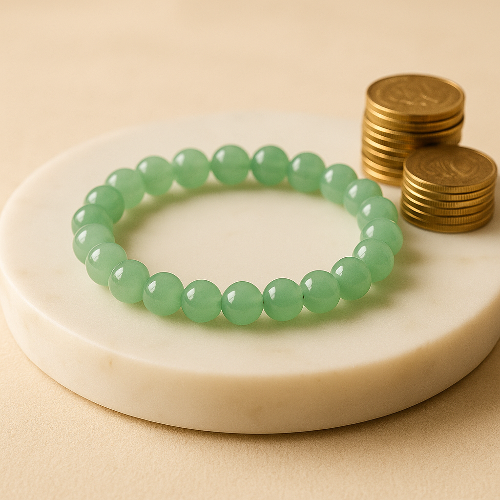 Green beaded bracelet on a white plate with gold coins
