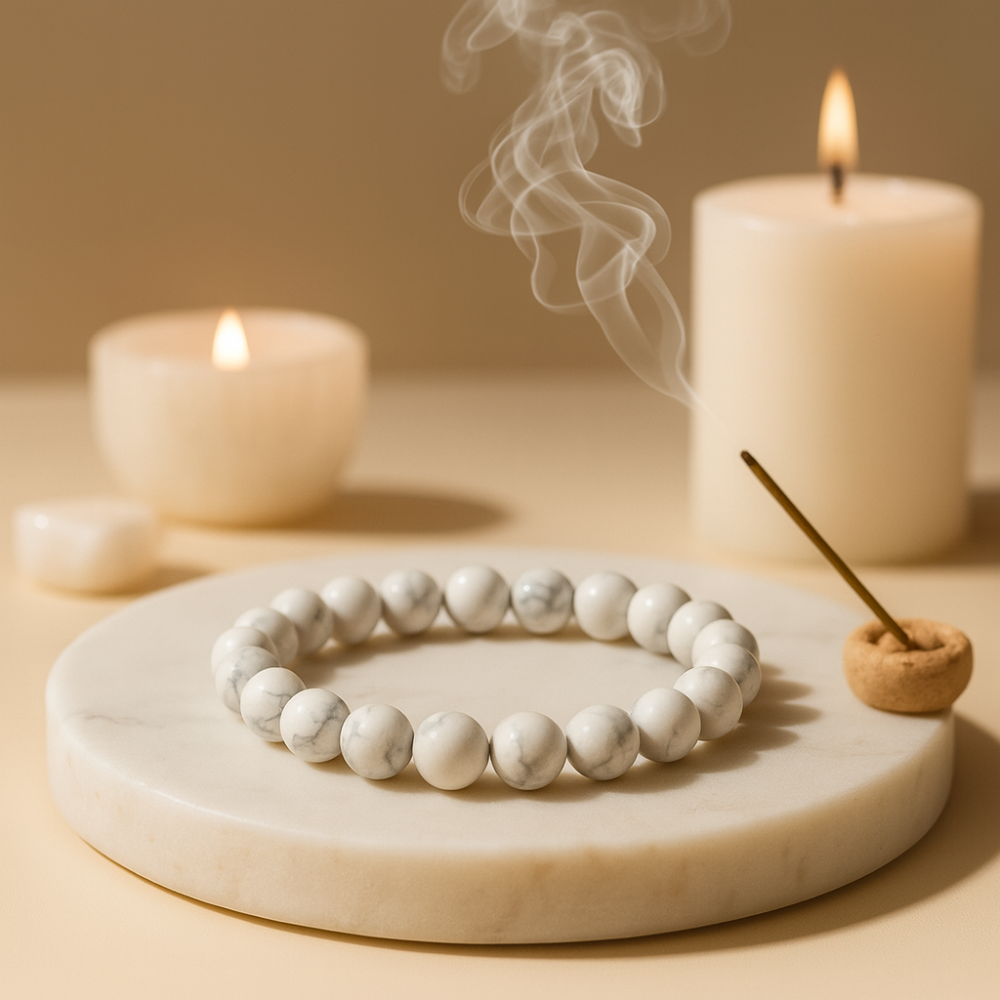White beaded bracelet on a marble tray with incense and candles in the background