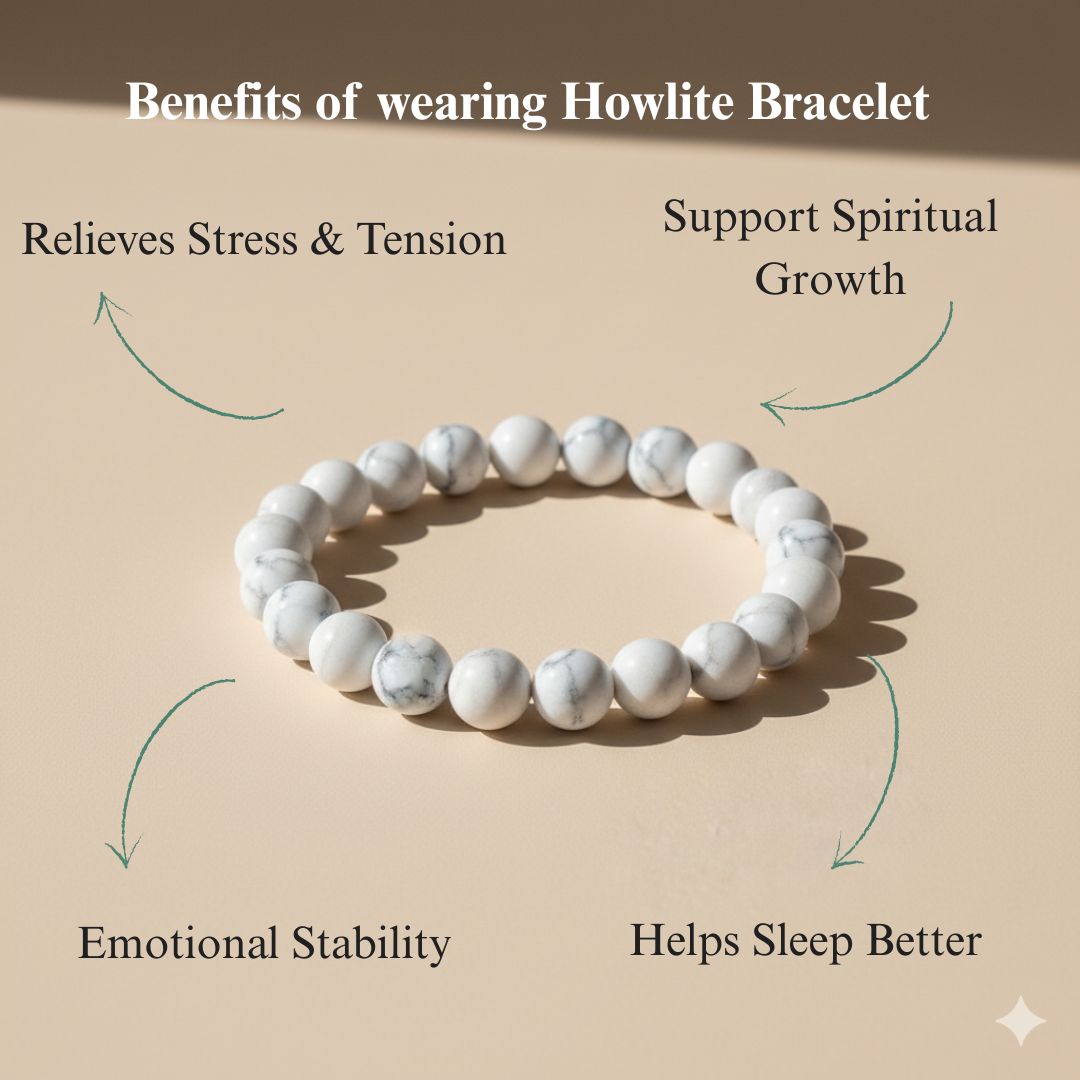 Howlite bracelet with listed benefits on a beige background
