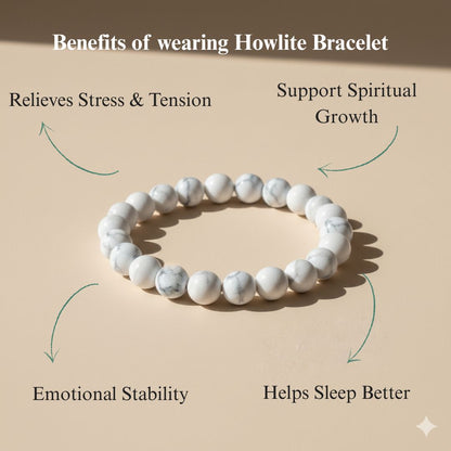 Howlite bracelet with listed benefits on a beige background