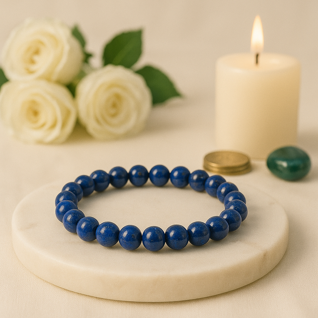Blue beaded bracelet on a marble surface with white roses and a candle in the background