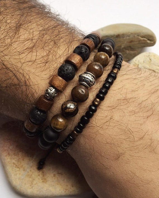 Men's Triple Layered Beaded Bracelet Stack - Wood, Lava Stone & Tiger's Eye