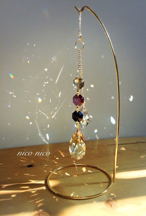 Crystal Prism Sun Catcher with Golden Stand – Hanging Rainbow Light Decor