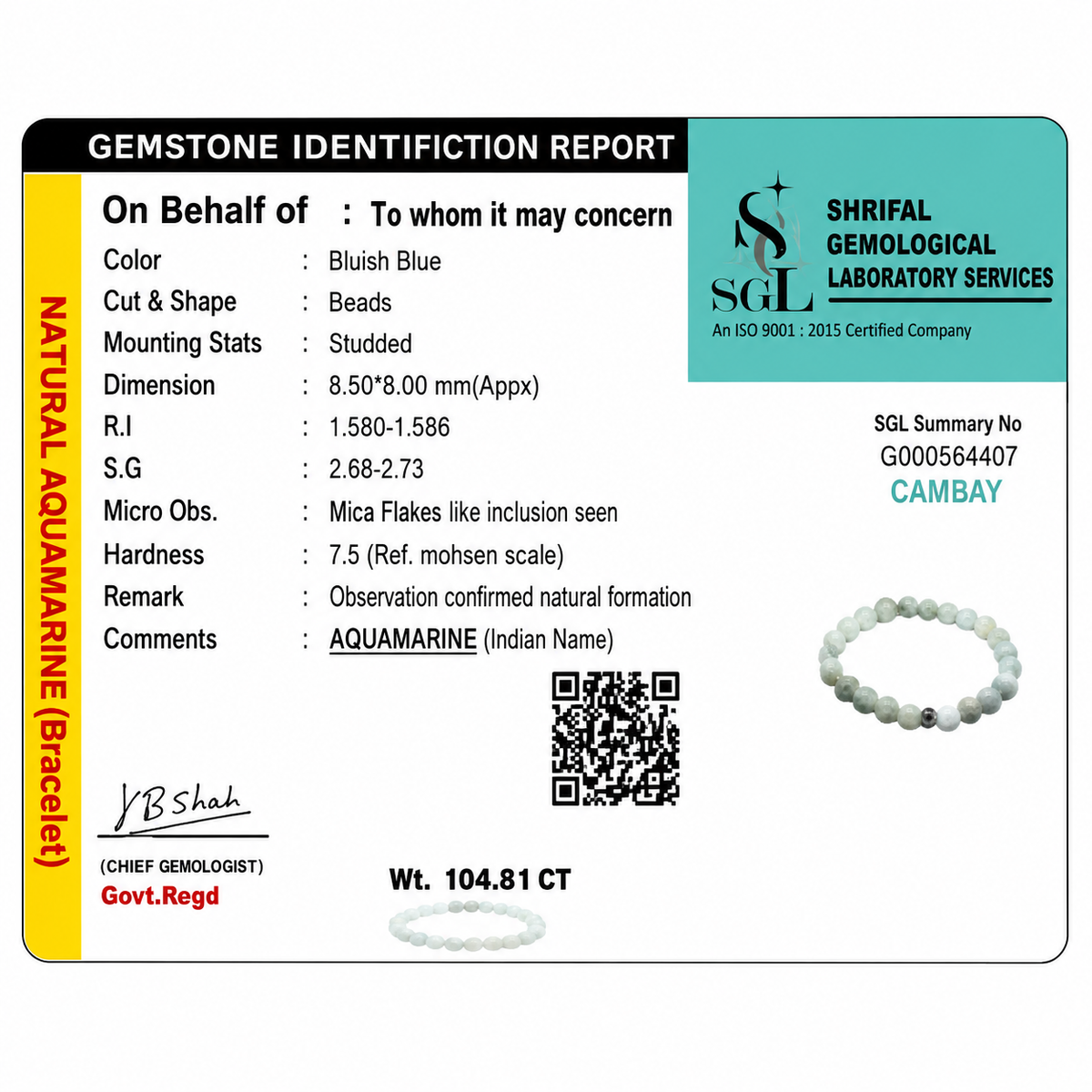 Certificate image for the Aquamarine Bracelet